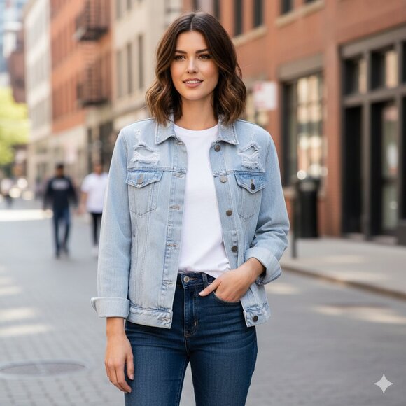 Urban Outfitters Neon Blonde Jean Jacket Light Wash Denim Distressed Blue XS - Picture 1 of 16